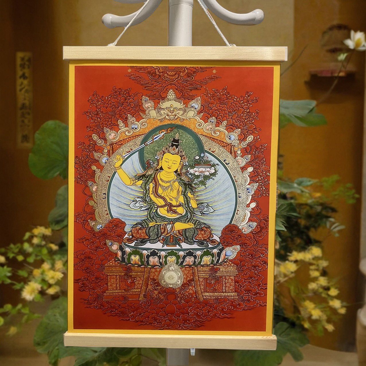 实木挂轴唐卡黄财神佛像挂画客厅玄关装饰画藏族佛堂文殊菩萨壁画
