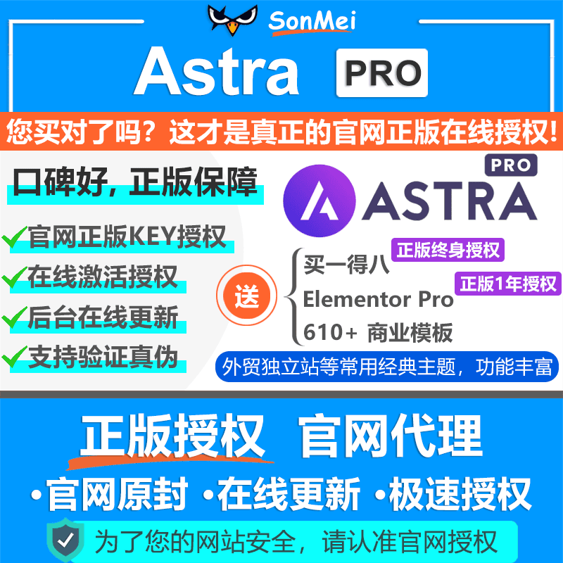 Astra Pro主题官方正版Key授权激活外贸独立网站WP搭配Elementor