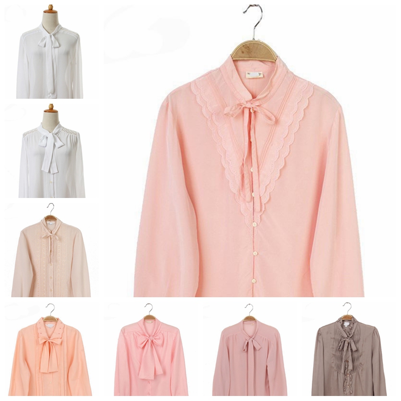 Vintage古着孤品日本文艺范森女复古长袖衬衫 糖果色甜美色飘带