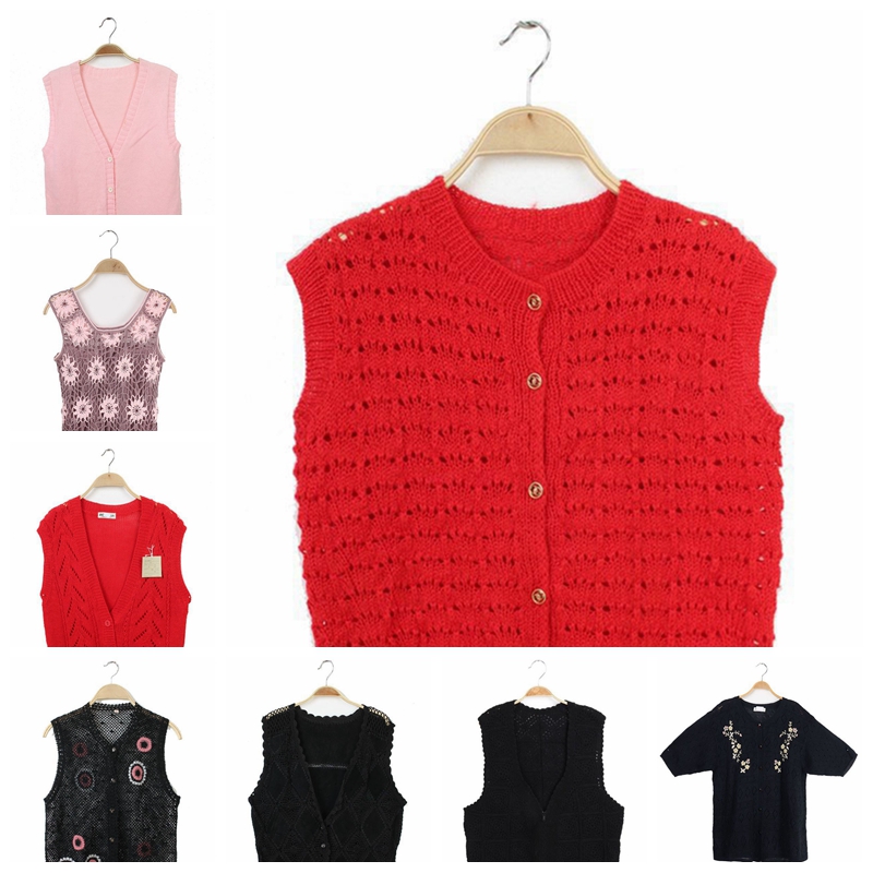 苍井优森女古着孤品vintage复古文艺毛衣背心坎肩 糖果色勾花镂空