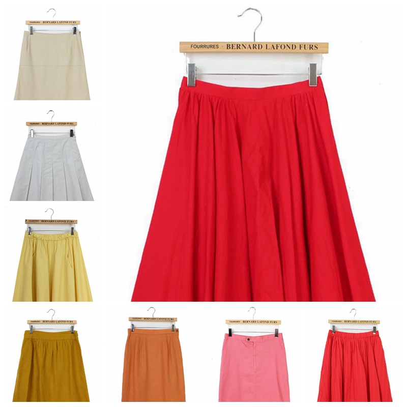 古着Vintage孤品日本复古夏季文艺范纯色棉半身裙 马卡龙色糖果色