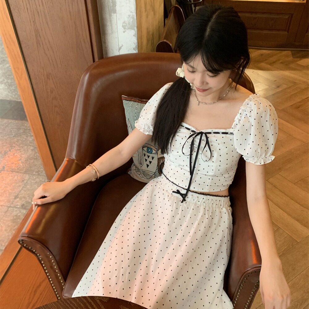 夏季甜美小个子波点系带蝴蝶结衬衫半身裙两件套女