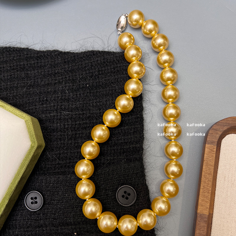进口施家南洋金色14mm珍珠项链纯银元宝扣锁骨毛衣链送女友送妈妈
