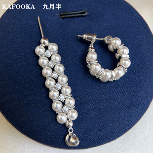 【自制】双排珍珠编制澳白耳钉精致锆石珍珠耳圈个性小众S925银针