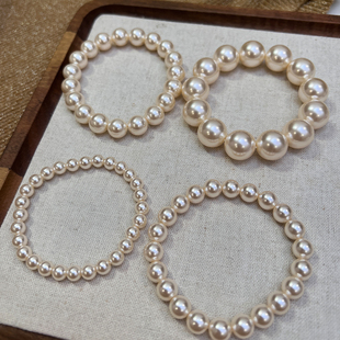 温柔暖光  施家香槟奶油白珍珠手链高档人造水晶珍珠弹力绳手串女