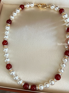 国风天然红玛瑙澳白珍珠锁骨项链