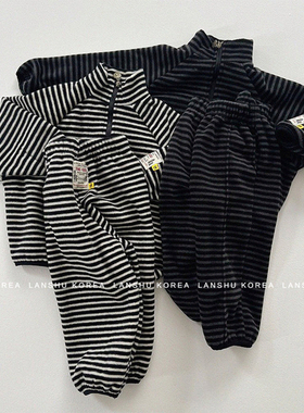 【Gou】懒鼠韩国童装25冬款男女童条纹半拉链卫衣裤毛绒套装