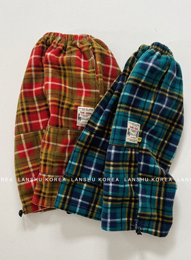 【Gou】懒鼠韩国童装25冬款男童女童撞色格系复古亲子休闲裤