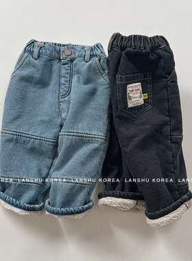 【Gou】懒鼠韩国童装25冬款男童女童羊羔绒复古亲子厚牛仔裤