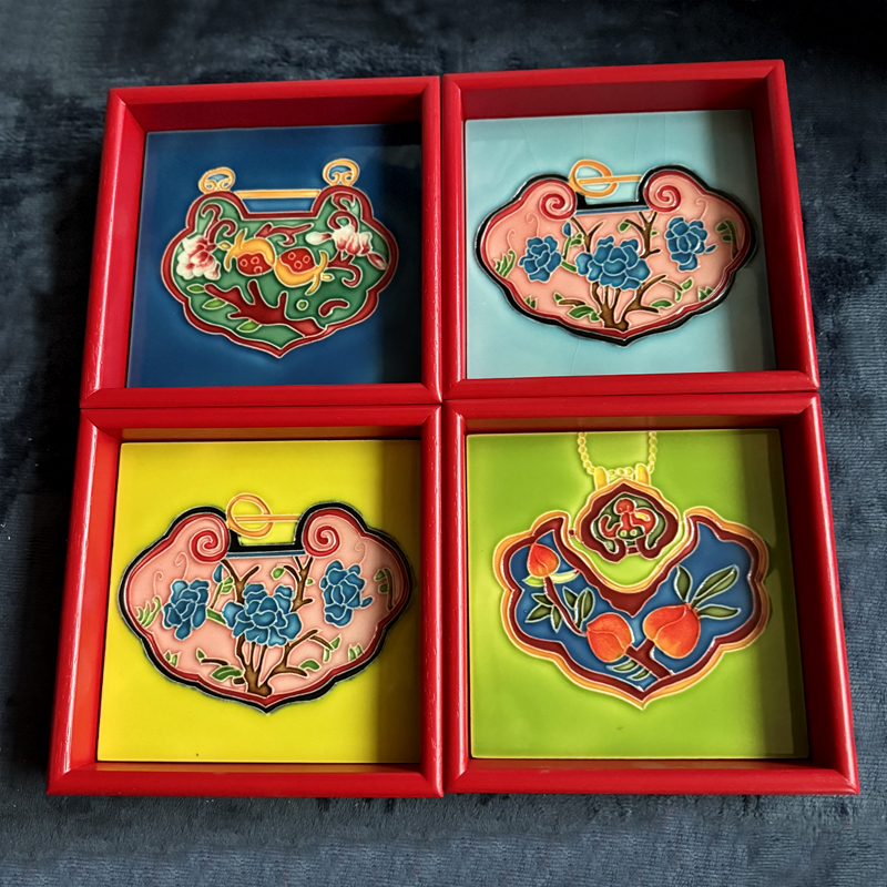 [绘陶家居]立体浮雕手绘陶瓷镶嵌老榆木茶盘收纳托盘新中式装饰画