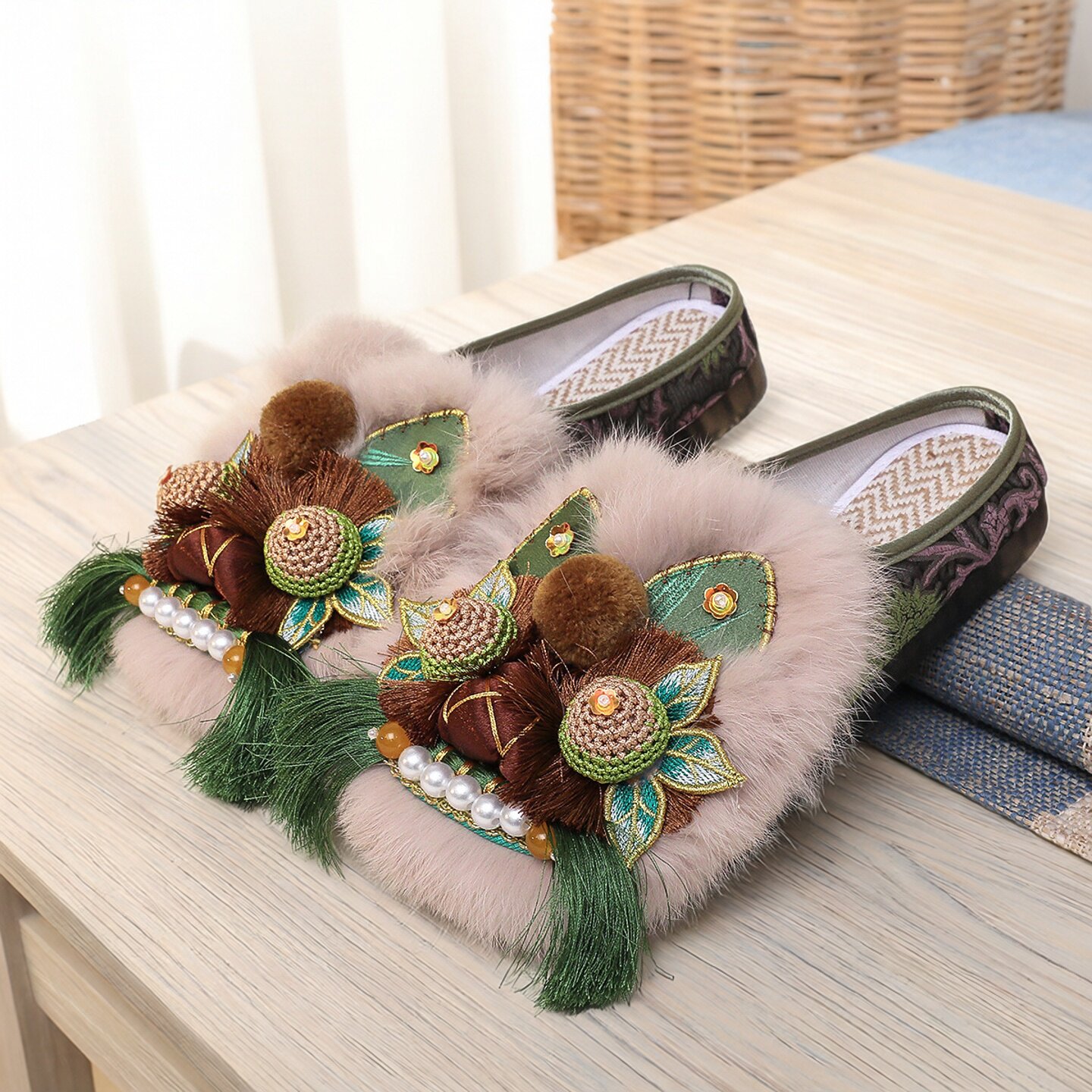 虎头鞋拖鞋国风国潮平底绣花鞋外穿拖鞋妈妈旗袍鞋子非遗手工布鞋