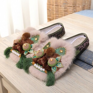 虎头鞋拖鞋国风国潮平底绣花鞋外穿拖鞋妈妈旗袍鞋子非遗手工布鞋