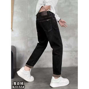 动力牛复合一体绒冬季中腰加厚加绒牛仔裤男保暖弹力修身小脚长裤