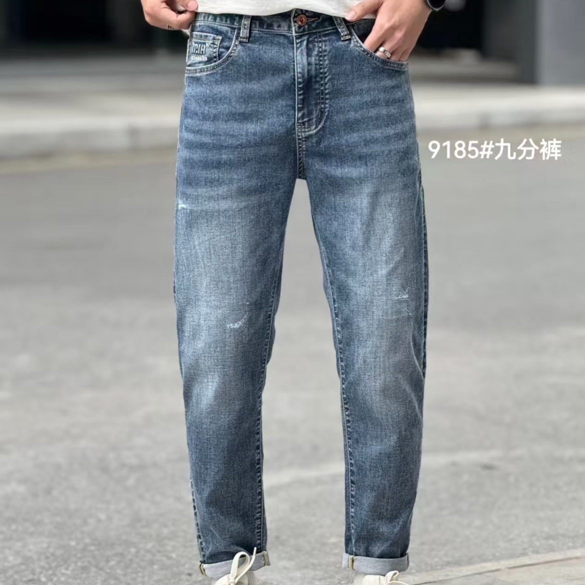 2025春夏季新款薄款潮流破洞牛仔裤男修身小脚裤小个子九分裤蓝色