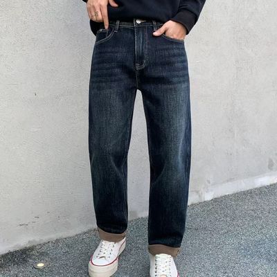 复古潮流印花弹力修身直筒牛仔裤