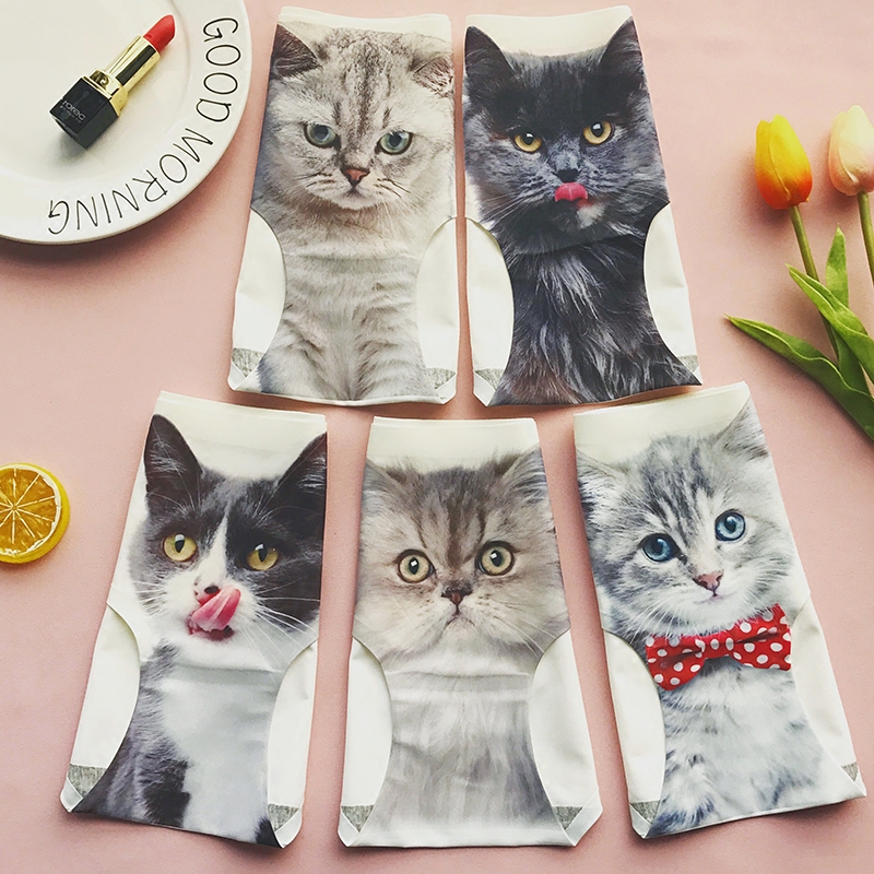 【5条精装】可爱猫咪印花性感提臀学生少女一片式冰丝无痕内裤女