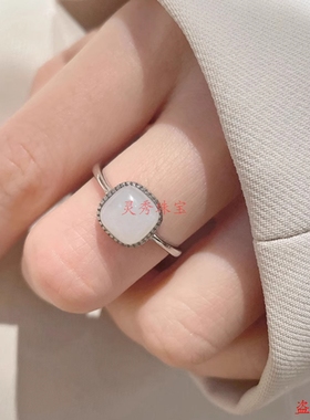 和田玉银戒指小方糖高级感玉石饰品戒指环设计款女白玉开口可调节