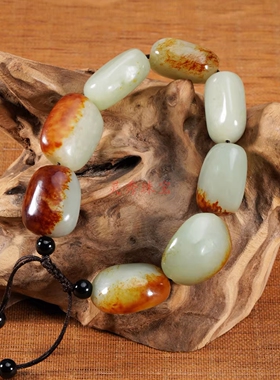 和田玉籽料原石红沁手链男款