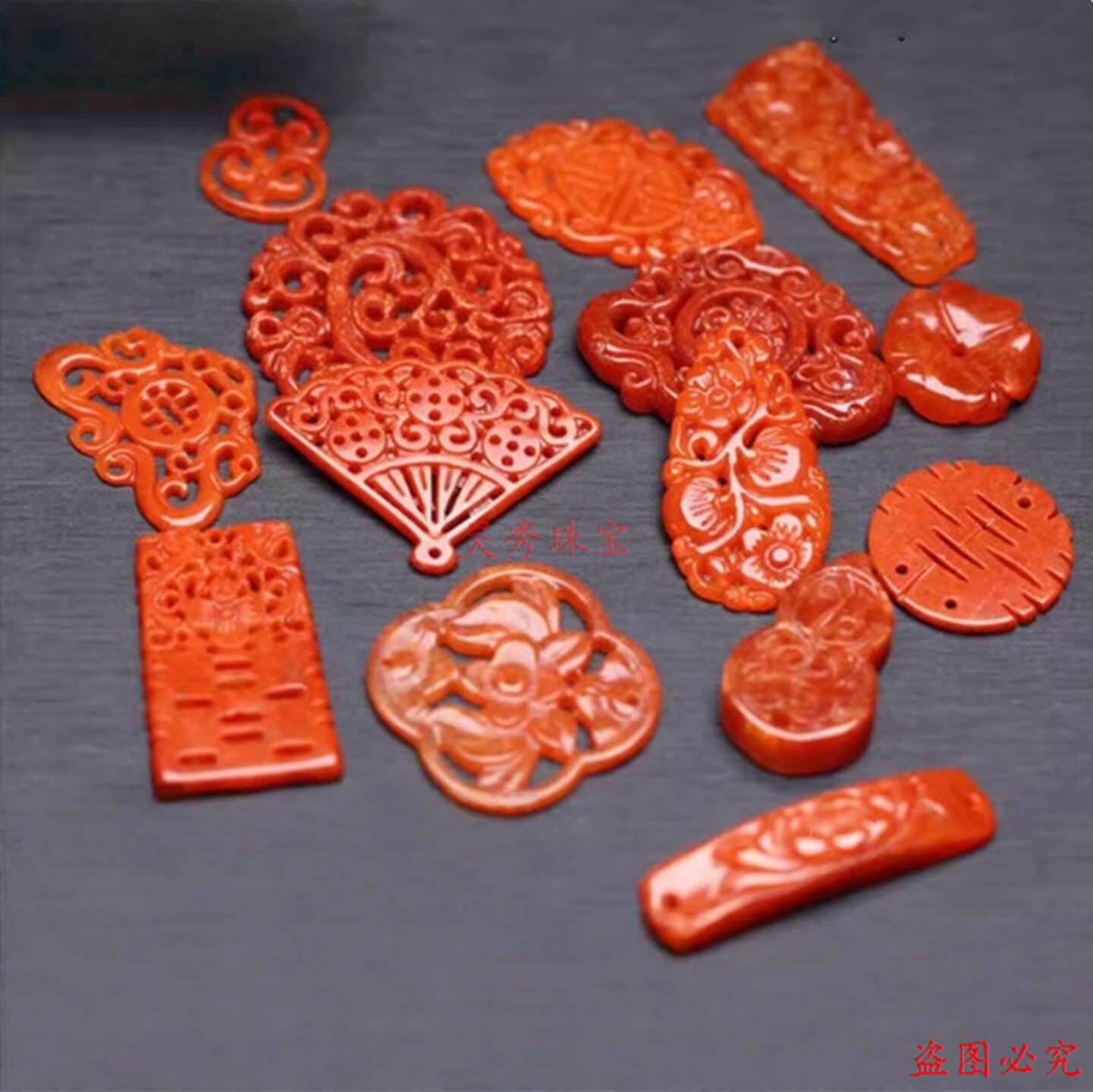 红翡如意复古镂空吊坠水滴花片挂件 古风耳环玉石diy饰品配件精品