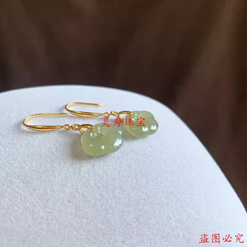 S925银镶和田玉如意锁国风耳环