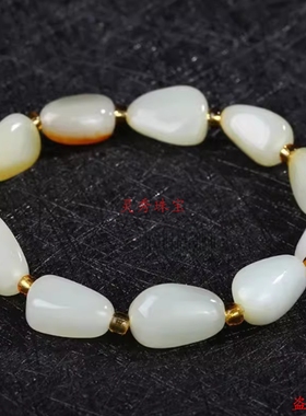 和田玉手串女款白玉籽料原石红沁皮随形玉石手链玉石手饰