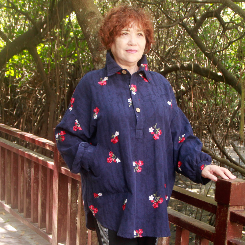 春装绣花休闲中长款加肥遮肚衬衣