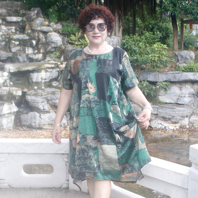 特大码香云纱胖妈妈短袖连衣裙