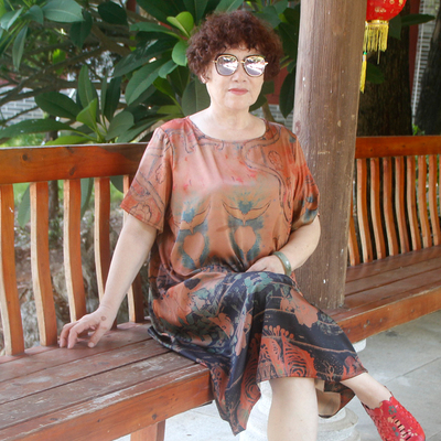 香云纱加肥6070岁中长短袖连衣裙