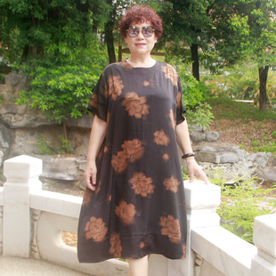 反季夏季真丝皱连衣裙加肥大码胖妈妈装中老年宽松中长款裙子