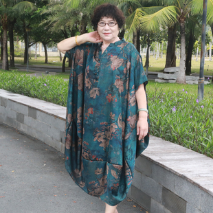 杭州大牌真丝连衣裙女夏季特大码短袖中年妈妈旗袍桑蚕丝印花裙子