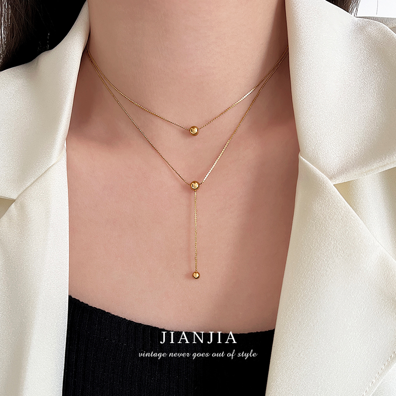 极简双层叠戴小金球项链