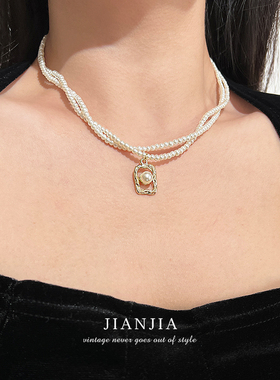 艺术感双层叠戴交错珍珠项链