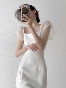 高端定制米白色短袖连衣裙女夏季新款高级感气质小众方领初恋长裙