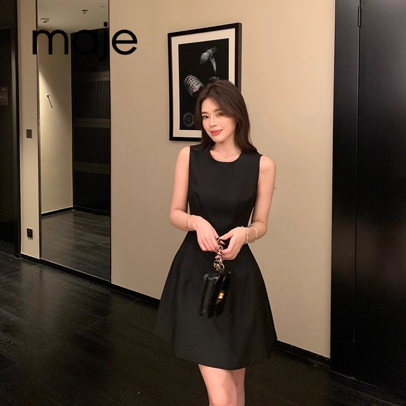 高端定制黑色短款无袖背心连衣裙女夏季气质收腰小个子小黑裙简约