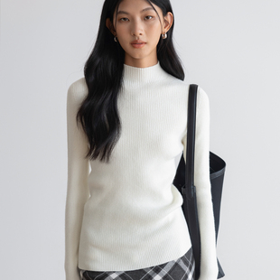 打底毛衣内搭气质上衣 高端定制半高领针织衫 女秋季 白色长袖 修身