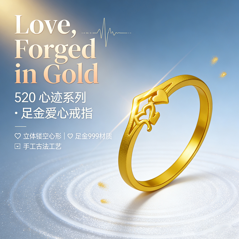 黄金戒指女款足金999爱心520浪漫指环古法实心素圈生日礼物送老婆