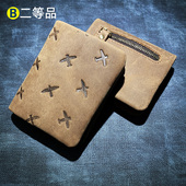 清仓头层牛皮手工小钱包竖款 男女中性复古真皮夹子零钱软皮疯马皮