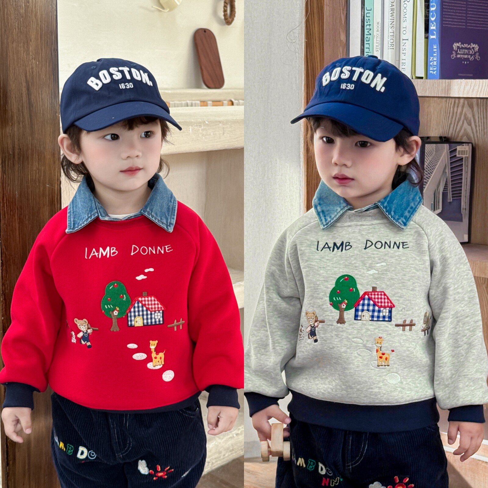 儿童加绒牛仔领卫衣日系小熊卡通刺绣宝宝男女童卫衣冬装新年衣服