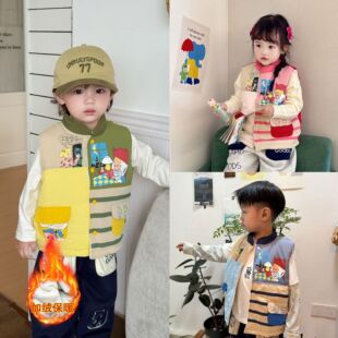 儿童加绒马甲日系原田宝宝纯棉拼接小马甲背心秋冬款男童女童马甲