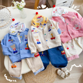 秋季 新款 可爱男童裤 儿童长裤 子小汽车刺绣格子卷边女童小兔子长裤