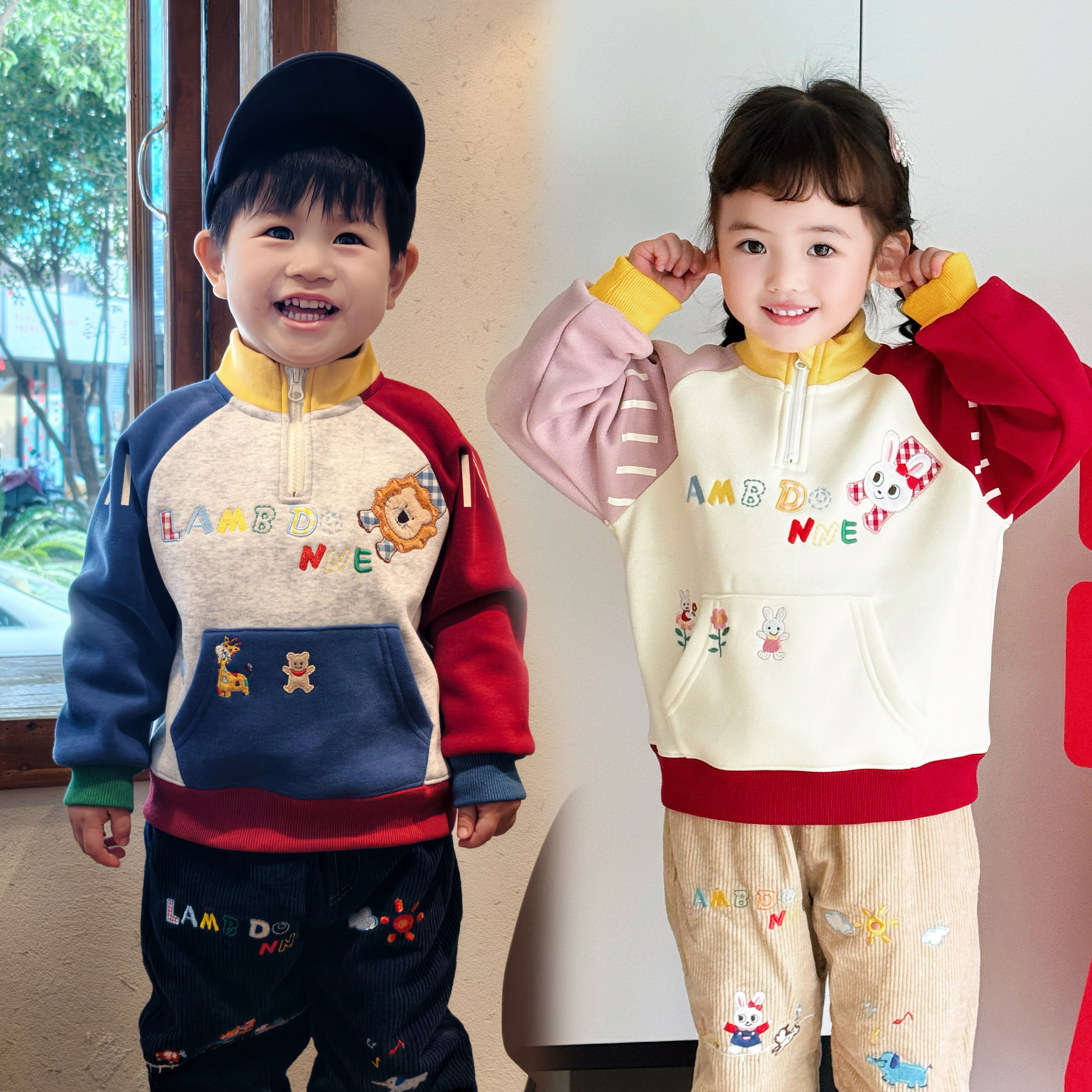 儿童加绒立领卫衣日系小熊卡通