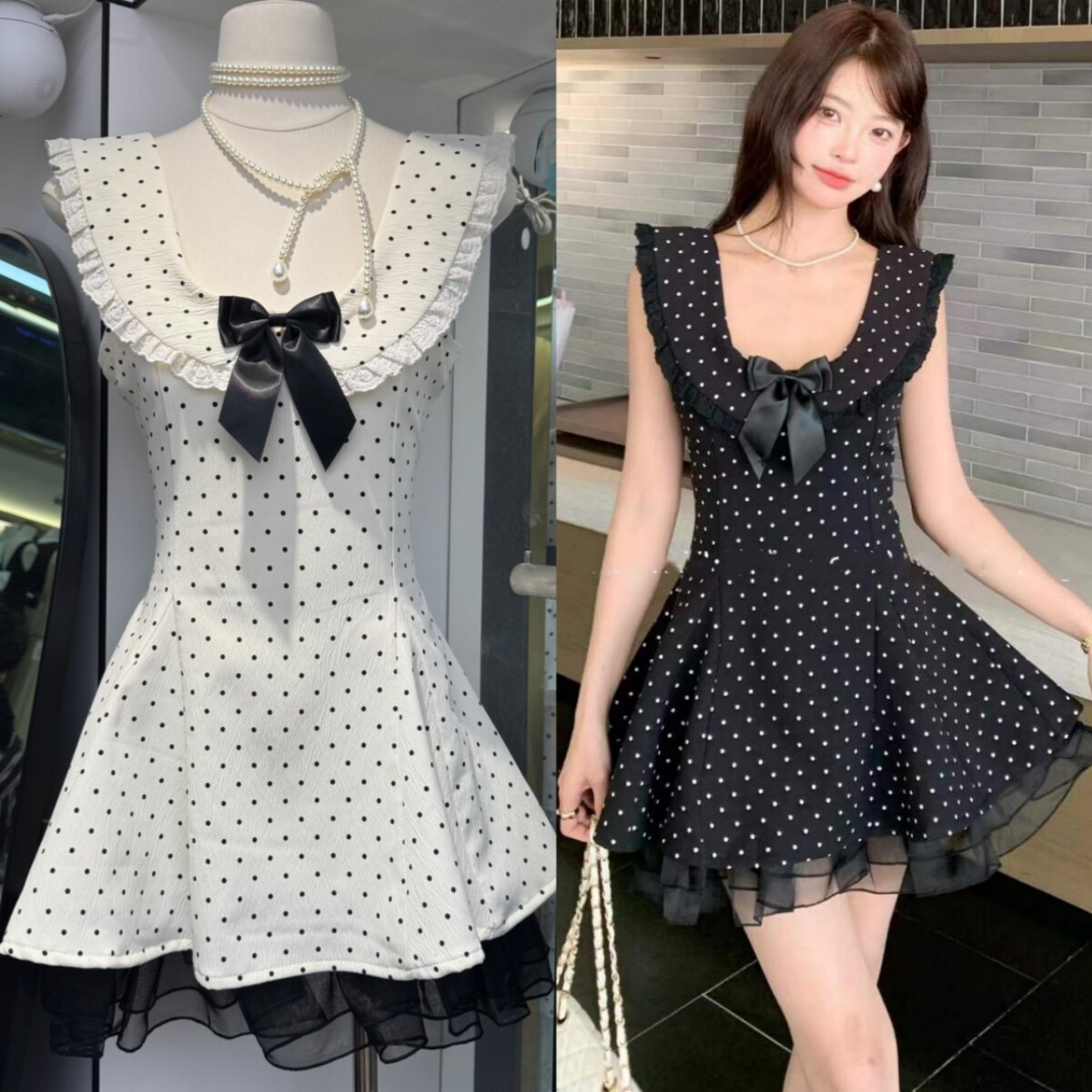 绝美甜美波点蝴蝶结收腰连衣裙