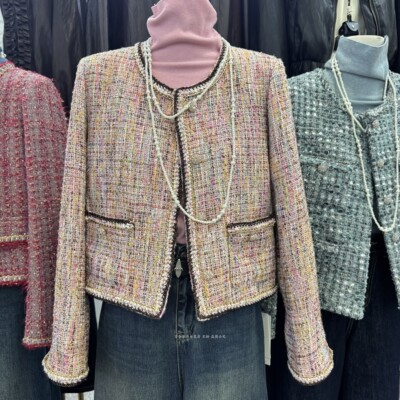 小香风粗花呢短外套编织格子