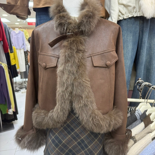 美德拉真狐狸毛皮草羽绒外套女2025冬年轻款鹿皮绒保暖机车羽绒服