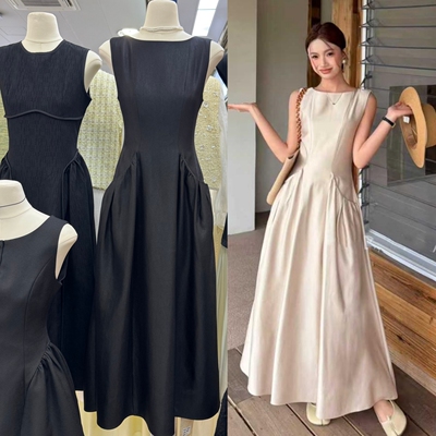 独特设计款收腰大摆口袋长裙潮