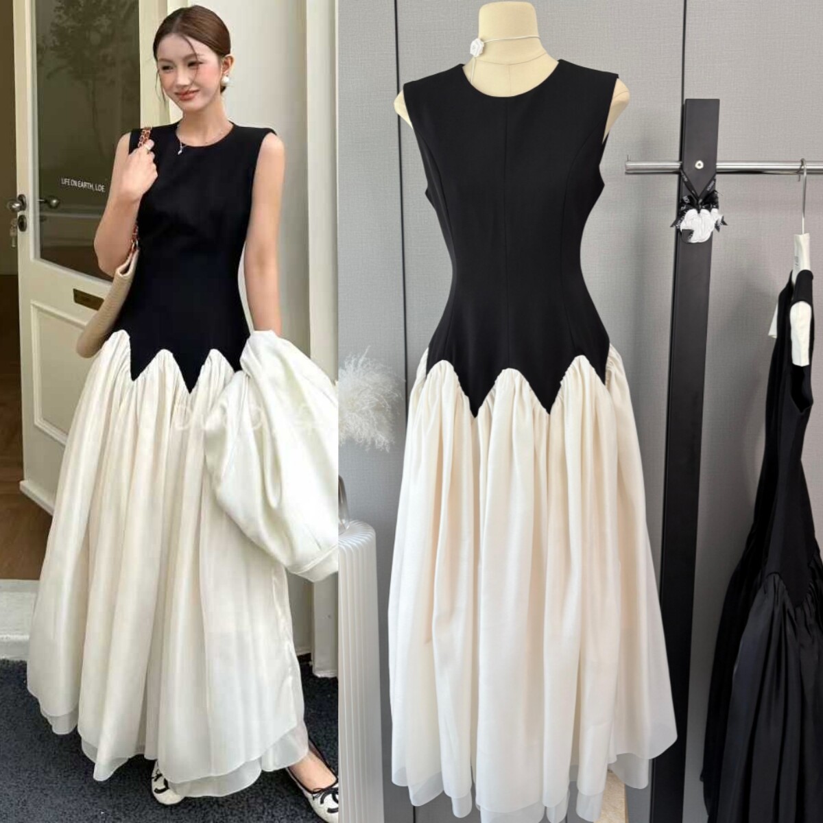 DuoDuo法式黑白拼色长裙女2026春夏新款小香净版蓬蓬连衣裙大摆裙