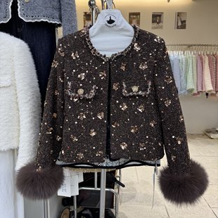 F.CINDERELLA 粗花呢羽绒外套 灰姑娘小香风轻奢重工钉珠真狐狸毛