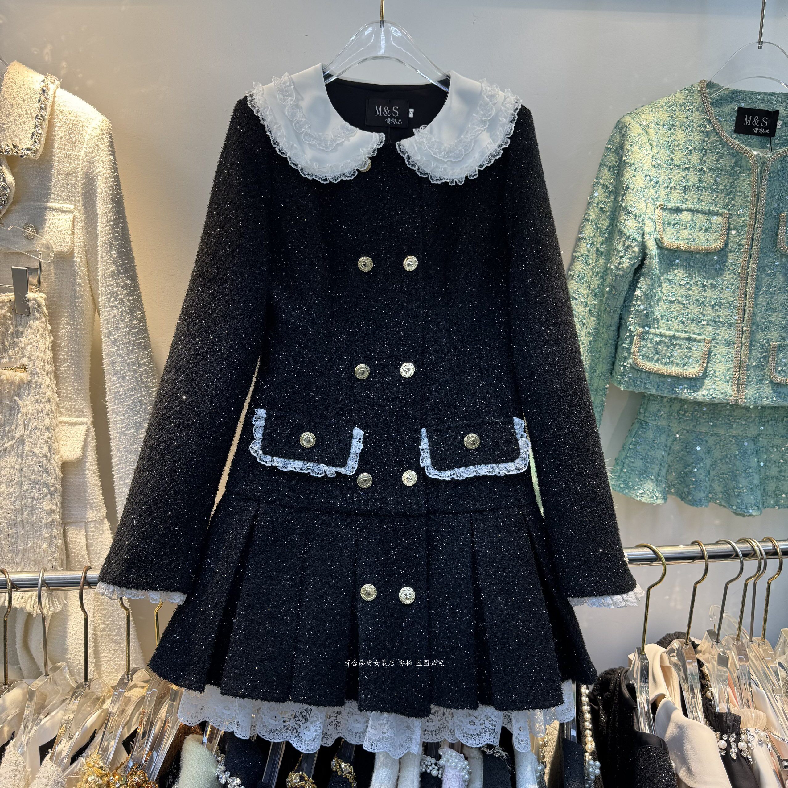 十三行小香风富家千金名媛娃娃领蕾丝边连衣裙赫本宴会生日礼服裙