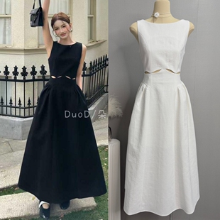 设计感绝美镂空露腰背心长裙女2026提花黑色心机连衣裙 DuoDuo法式