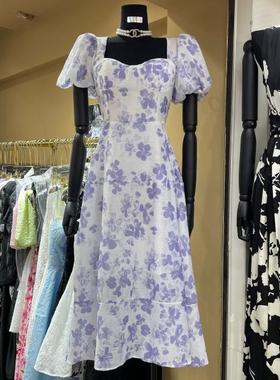 LUO高级感茶歇裙法式方领泡泡袖高腰连衣裙 收腰显瘦玫瑰花朵长裙